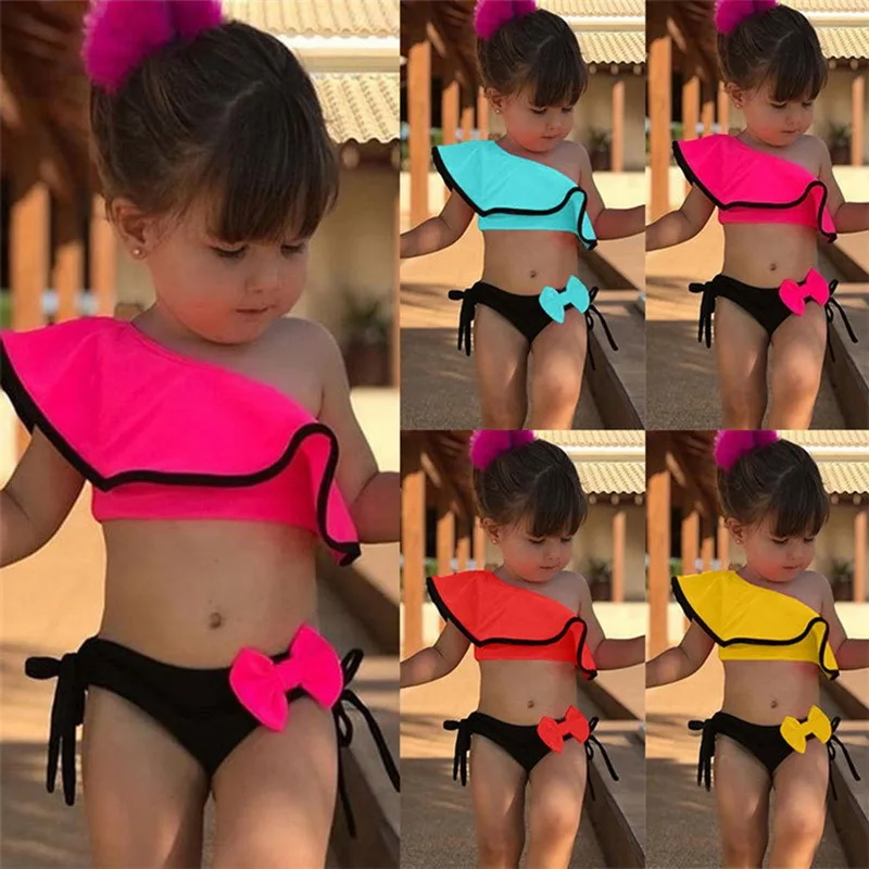 

Ship in 24 Hours Summer Baby Kids Girl Two Piece Swimsuit Child Swimwear Ruffles Bow Water Sports Bikini Shoulder Beach Bathing