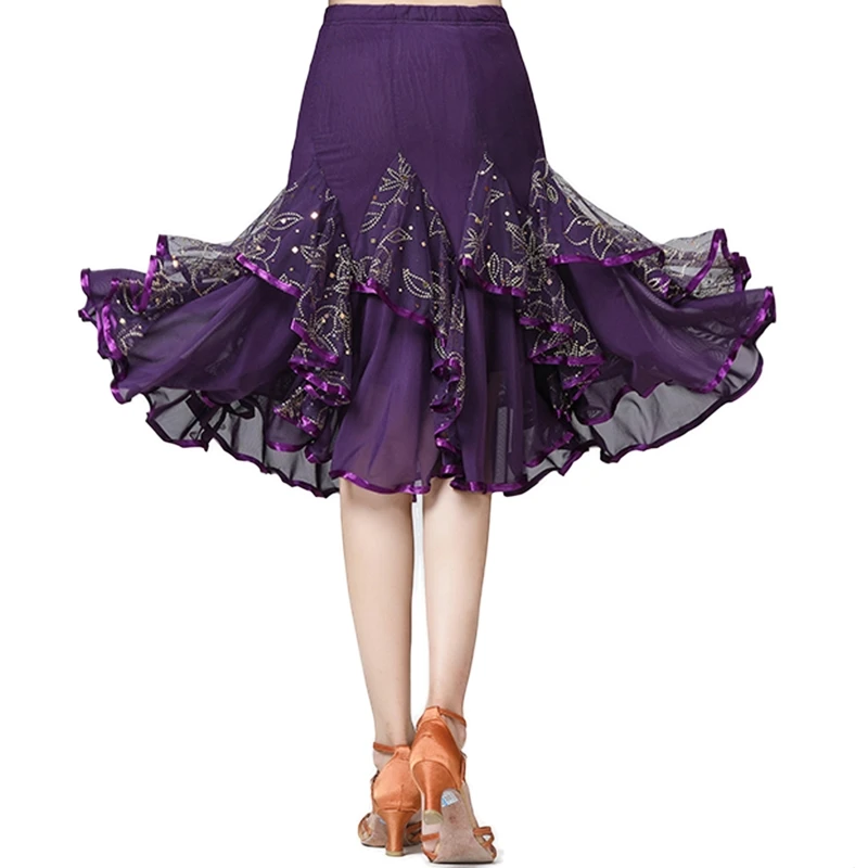 

Sequined Multilayer Lace Hem Long Skirt Modern Waltz National Standard Dance
