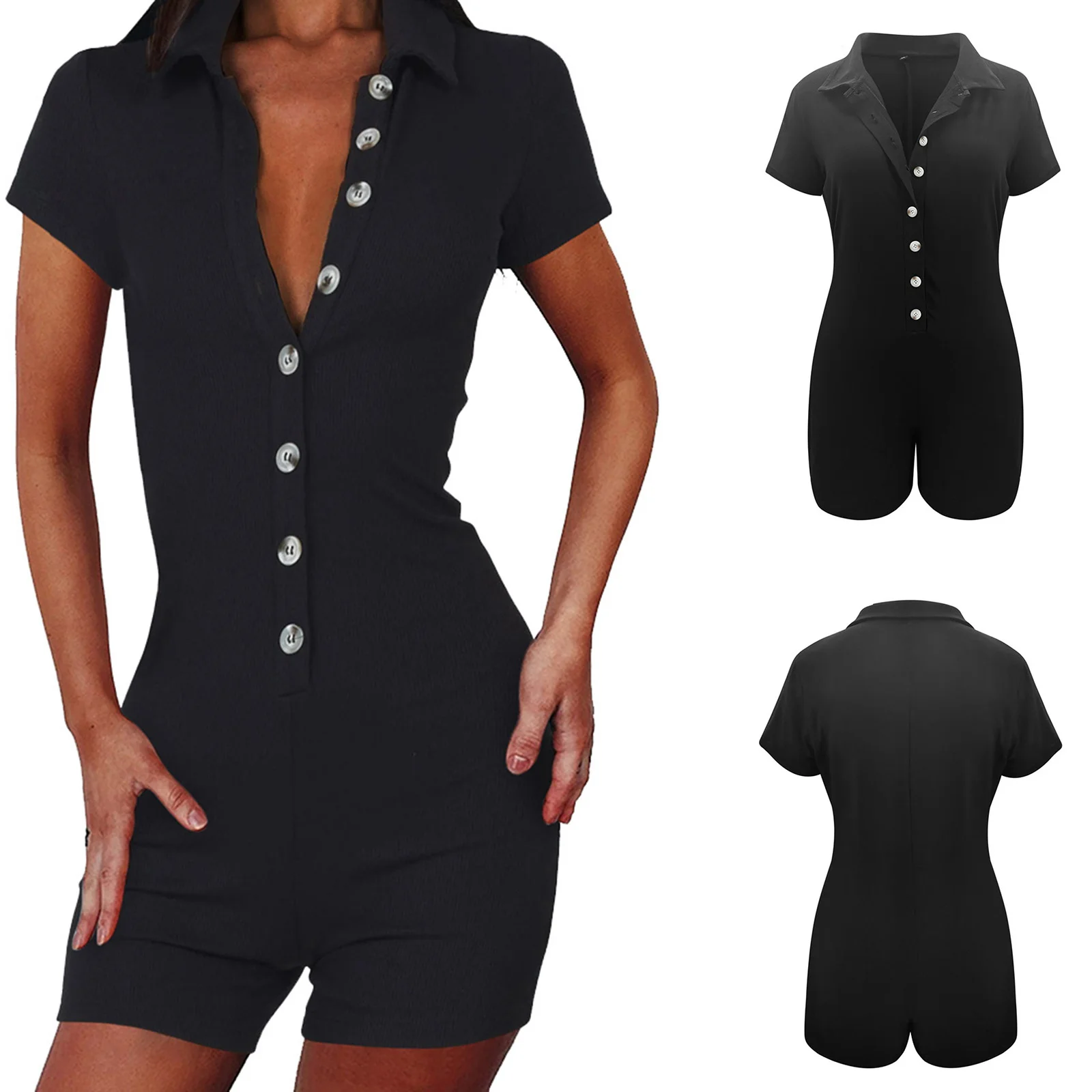 

Women's One-piece Suit, Turn-Down Collar Short Sleeve Button Playsuit for Party Vacation Dating Travelling