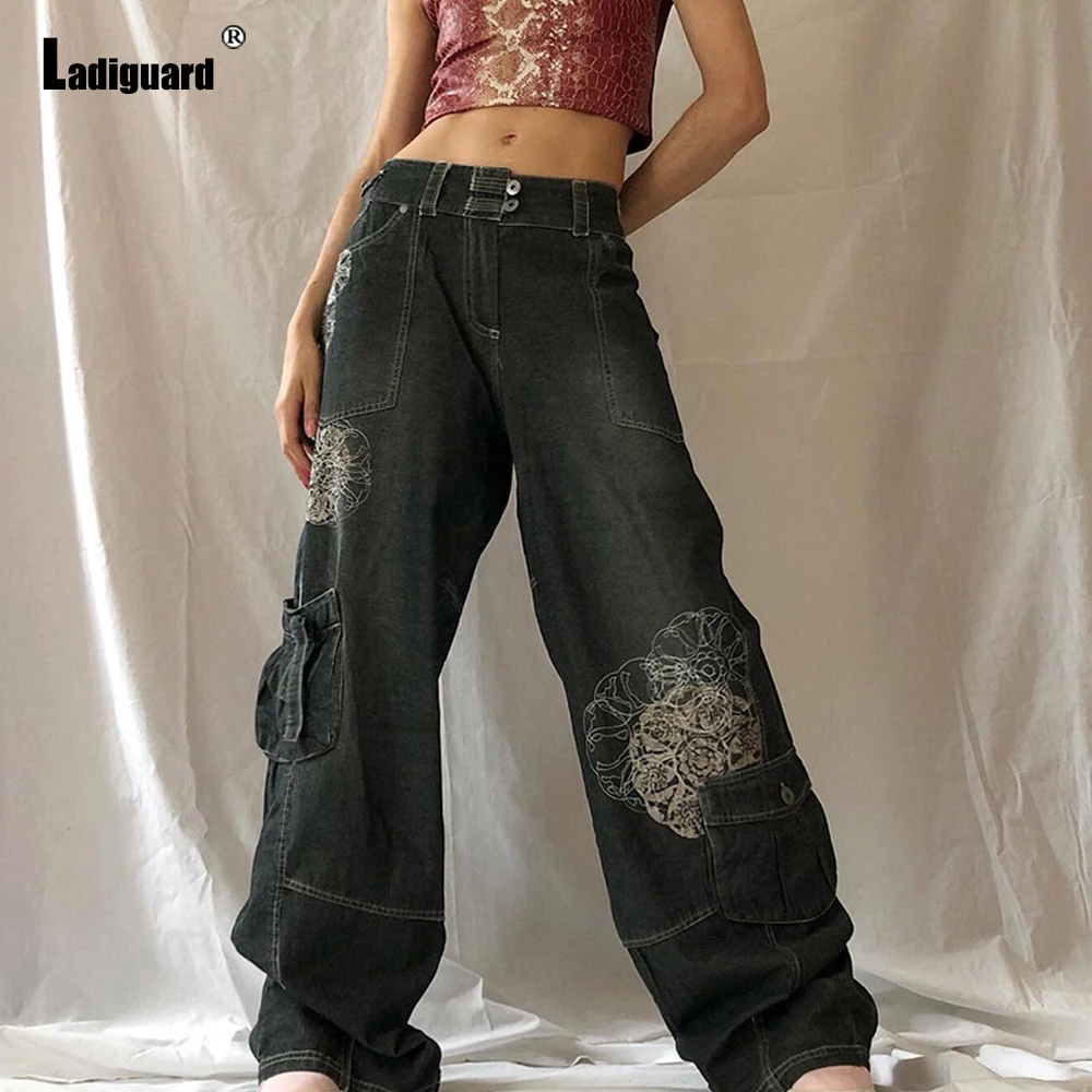Ladiguard Women's Jeans Ladies Stand Pockets Denim Pants Sexy Wide Leg Jeans Trousers Fashion 3D Print Demin Pants Harajuku 2022