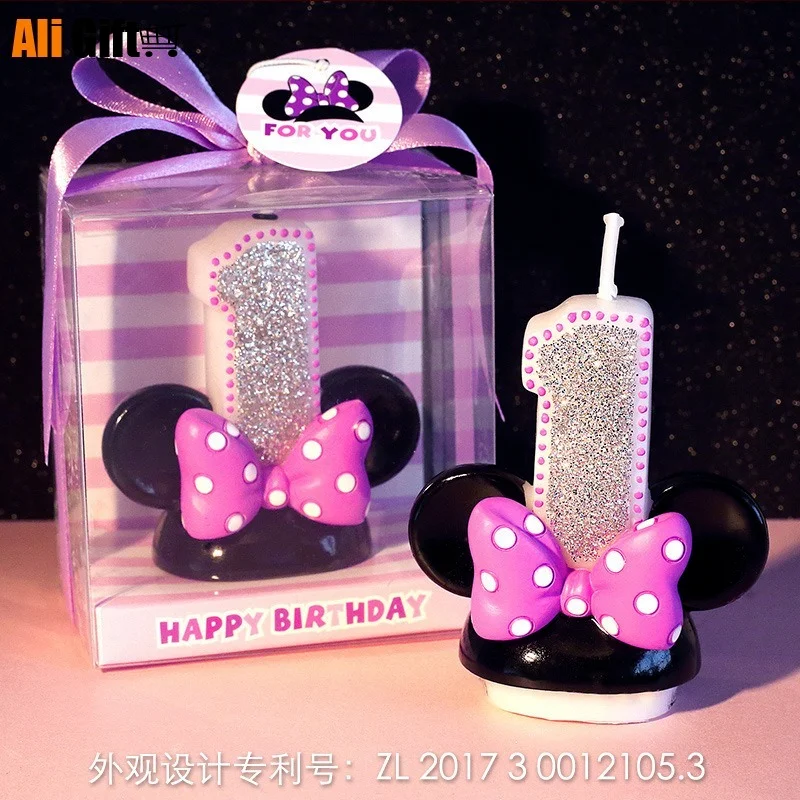 Фигурка на день рождения свеча в виде чисел розовый бант голова мыши для девочек
