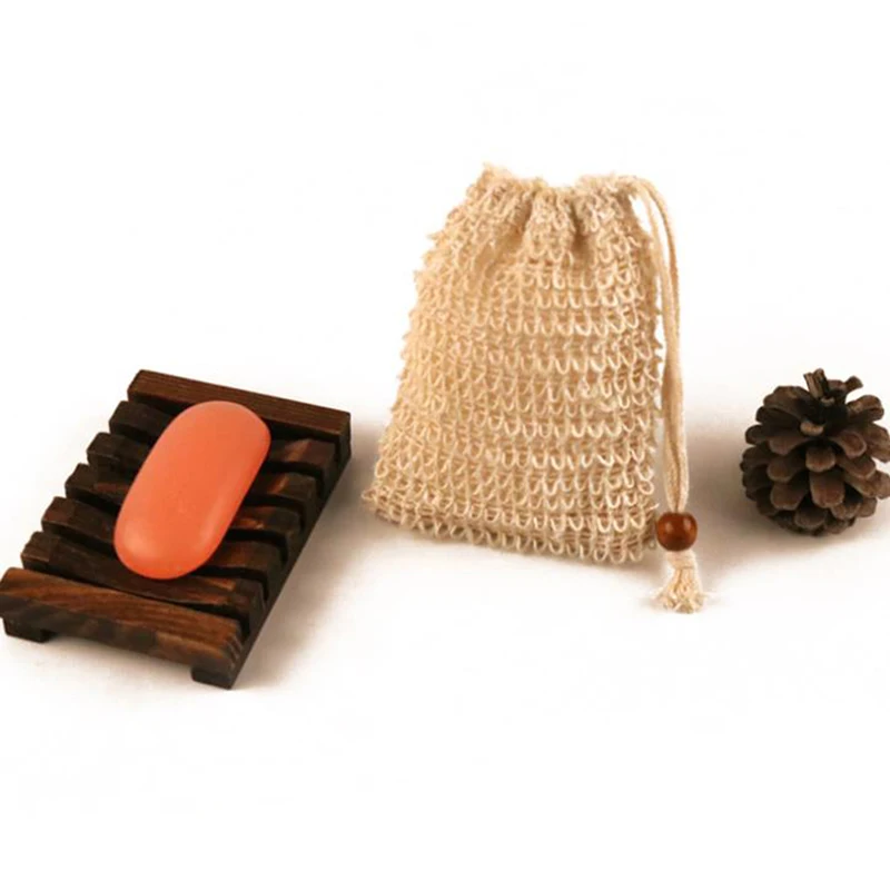 

2pcs Bathroom Shower Soap Bubble Bag Natural Wood Soap Dish Cotton And Linen Foaming Net Wood Soap Tray Storage Soap Holder