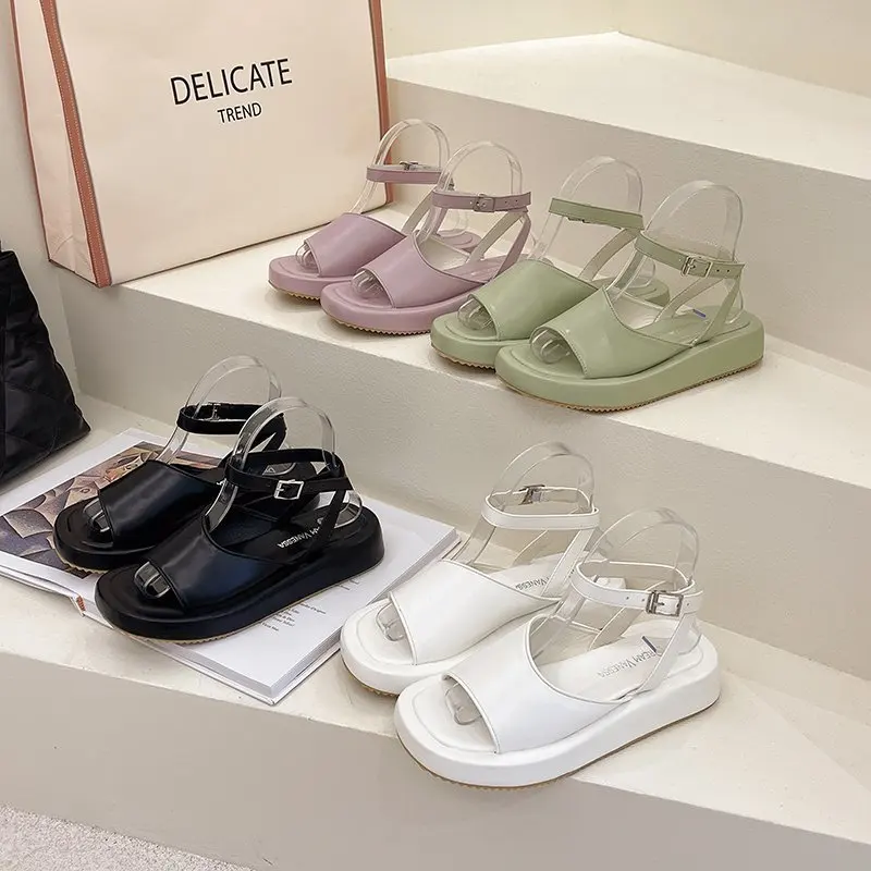 

ZOELEA Woman Sandals Flat Shoes 2021 New Fashion Sandals Summer Shoes Round Toe 3.5cm Heel Buckle Black White Size 35-40