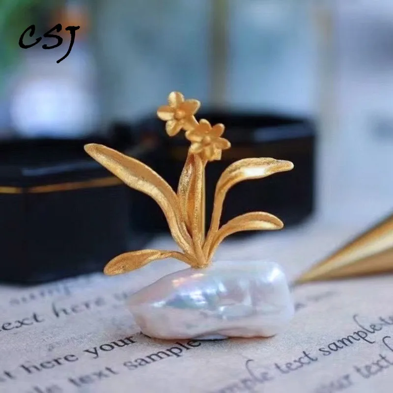 

CSJ Natural White Baroque Pearl Brooch Sterling 925 Silver Flower for Women Wedding Party Gift