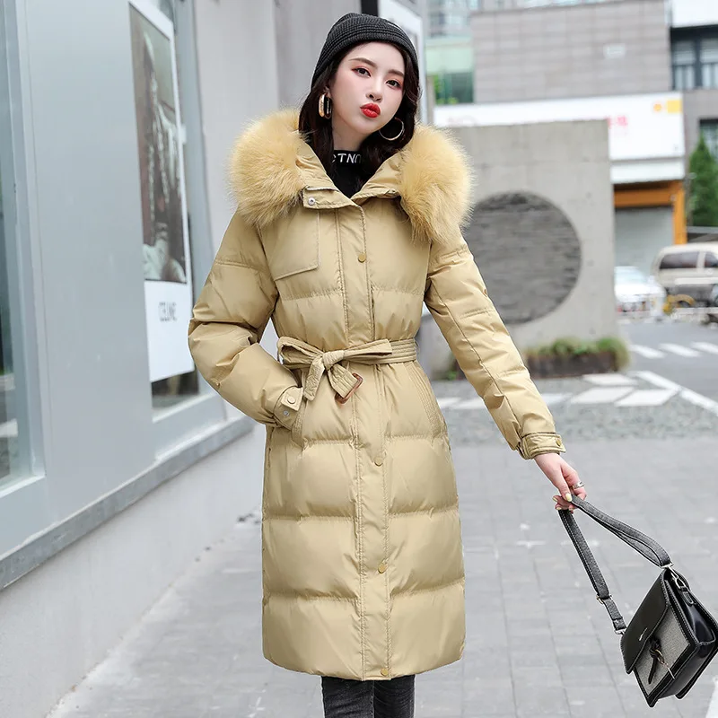 Coats Woman Winter 2021 Sustans Solid Thick Office Lady Korean Version Extended Wool Collar Large Down Cotton Padded Jacket