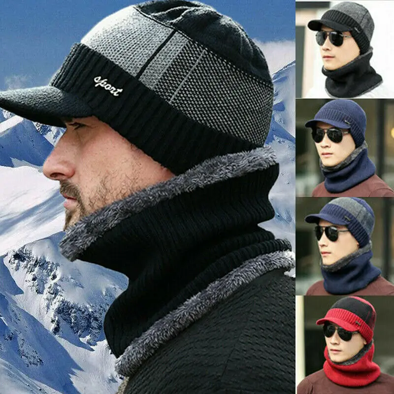 Мужской теплый флисовый козырек + мягкий шарф комплект из двух предметов зимняя