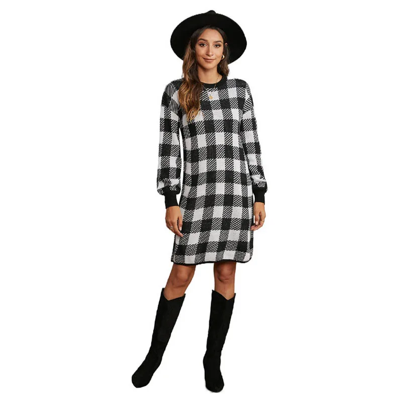 

Plaid Dress Autumn and Winter 2021 New Lantern Sleeve Round Neck Casual Short Skirt