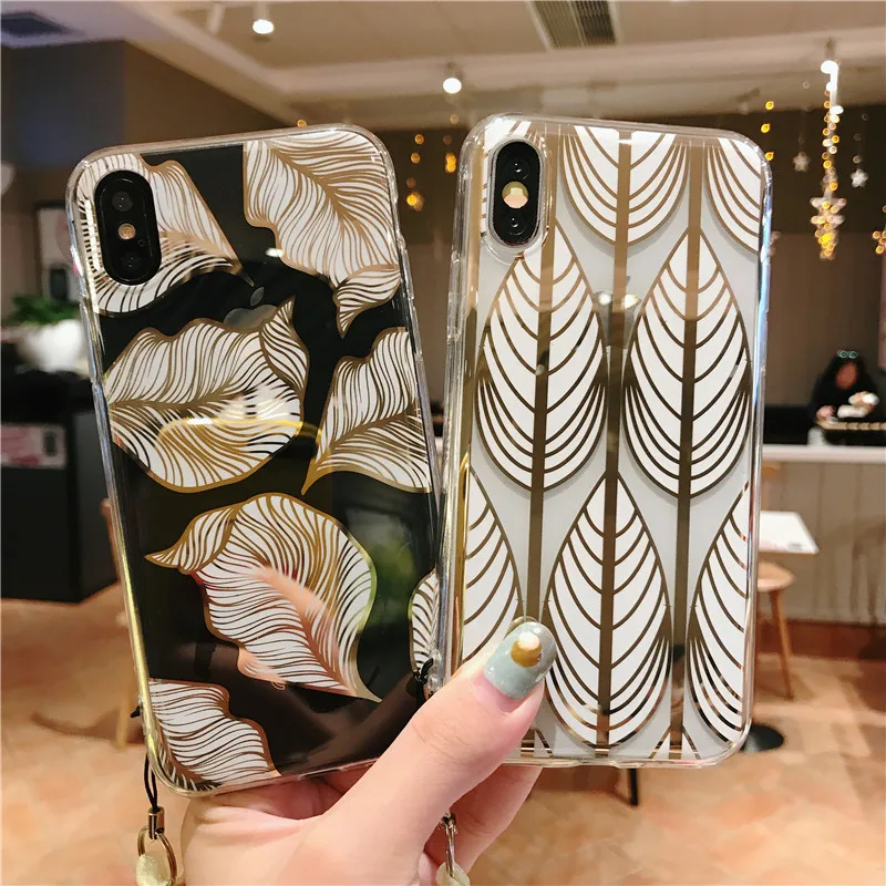 Gold leaf cover floral leaves case for iPhone 11 Pro Max 8 clear XR phone 6 Plus 6s 7 X XS |