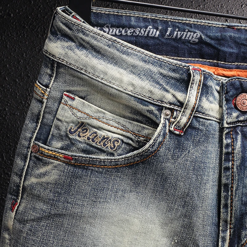 Italian Style Fashion Men Jeans High Quality Retro Elastic Vintage Designer Slim Jeans Men Distressed Scratch Casual Denim Pants