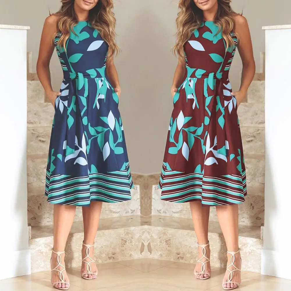 

2021 Women Summer Printed Dress O Neck Sleeveless Boho Sashes A Line Dress Casual Ladies Beach Dress Sexy Robe