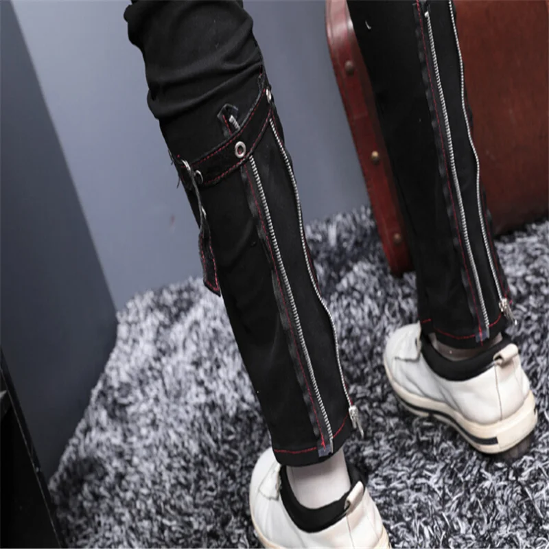 

European design Autumn and Winter New Black Printed Jeans Men's Trousers Foot Slim Straight