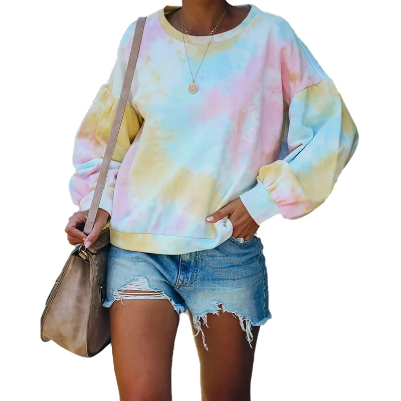 

Lantern Sleeve Loose O Neck Women Pullover Sweatshirt 2020 Autumn Winter Female Tie Dye Hoodies Top Oversize Sweatshirt Shirt