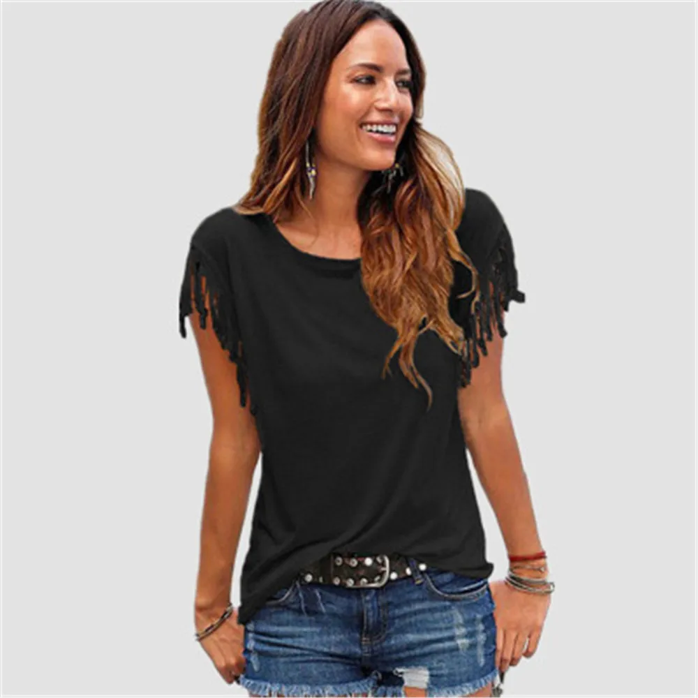 Женская блузка с круглым вырезом и коротким рукавом однотонная Повседневная