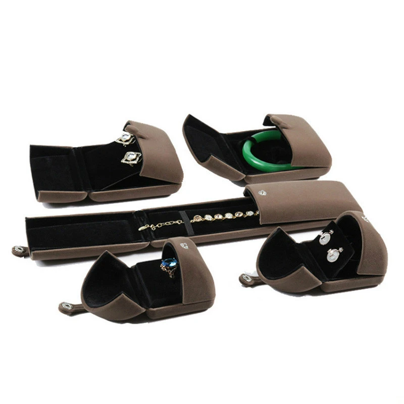 

Портативная элегантная коричневая бархатная коробка для хранения колец, подвесок, браслетов, Подарочная коробка, коробка для хранения ювелирных изделий, двойная открывающаяся кнопка