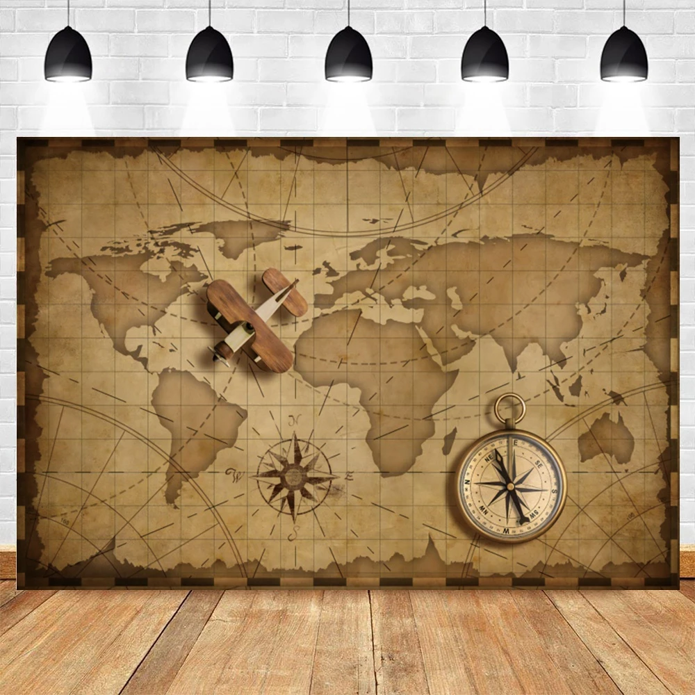 

Vintage World Map Backdrop Pirate Airplane Compass World Travel Kids Boy Birthday Party Baby Shower Photography Background Prop