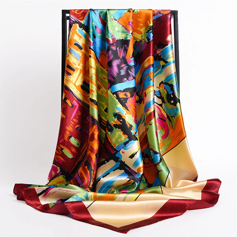 Модная женская шаль 90*90 см Шелковый Атласный хиджаб с принтом Женская бандана