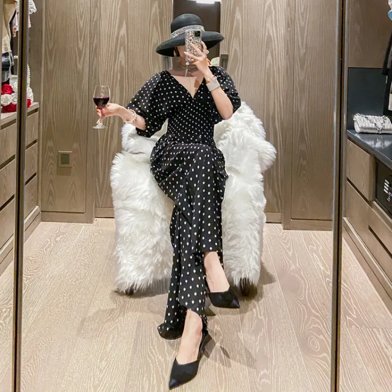 

Floor Length Party Sexy V-neck Jumpsuit Women Summer Autumn Fashion Short Sleeve Slim Waist Bodysuit Fungus Dots Wide Leg Pants