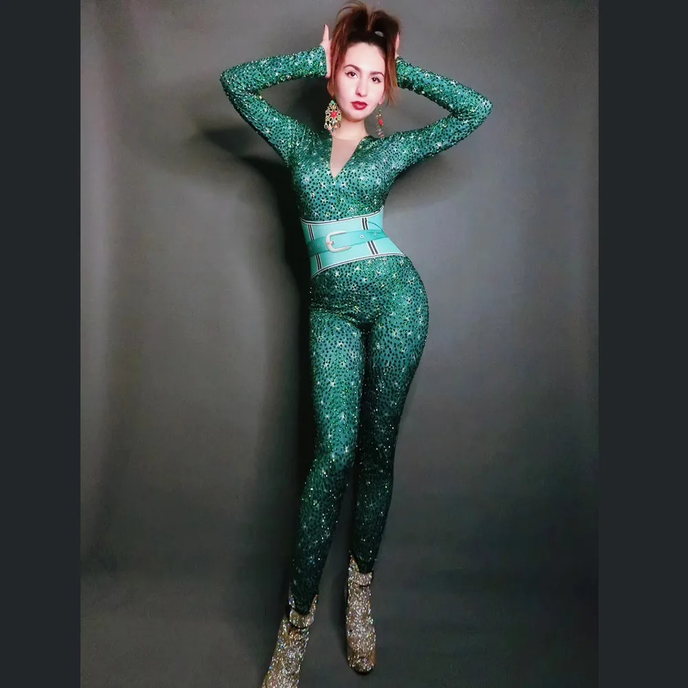 Sexy Green Rhinestones Party Jumpsuits Women Prom Jumpsuits Nightclub Elastic Tights Crystals Bodysuits Pole Dance Stage Costume