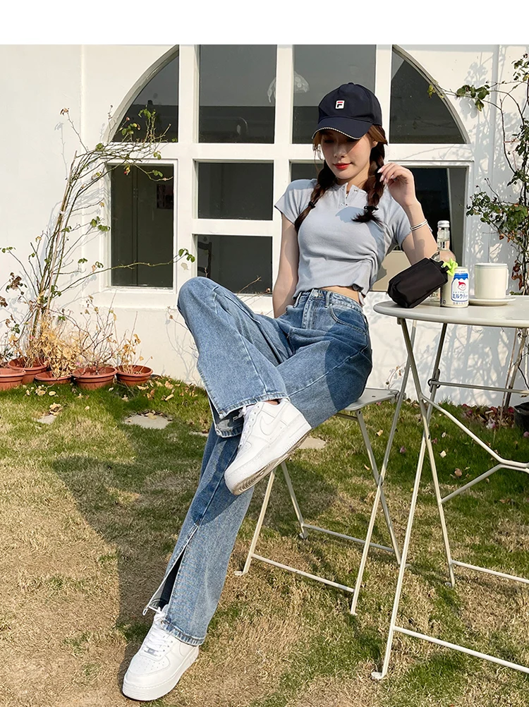 Jeans 2022 spring and Autumn New Women's port style simple and versatile fashion high waist thin micro horn split pants
