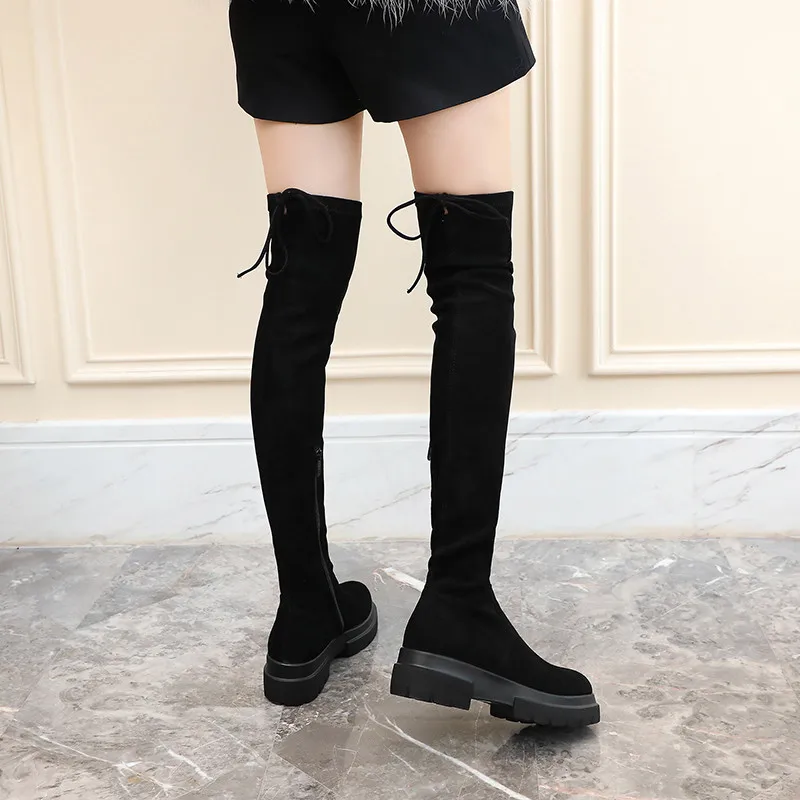 Женские ботфорты MoonMeek сапоги из флока с круглым носком и замши высокие на плоской