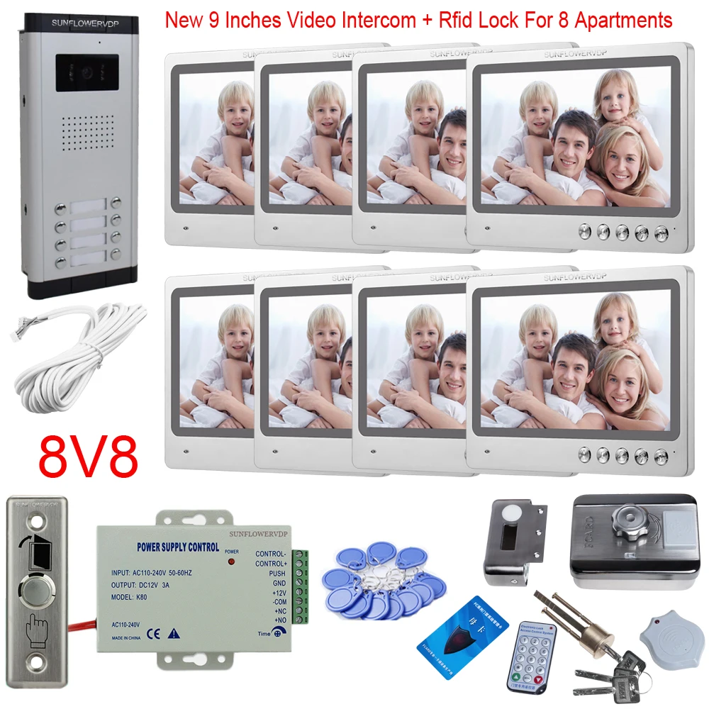 9 "домофон с Камера 8/10/12 Multi квартиры домофон Rfid Карты Электронный Замок Двери