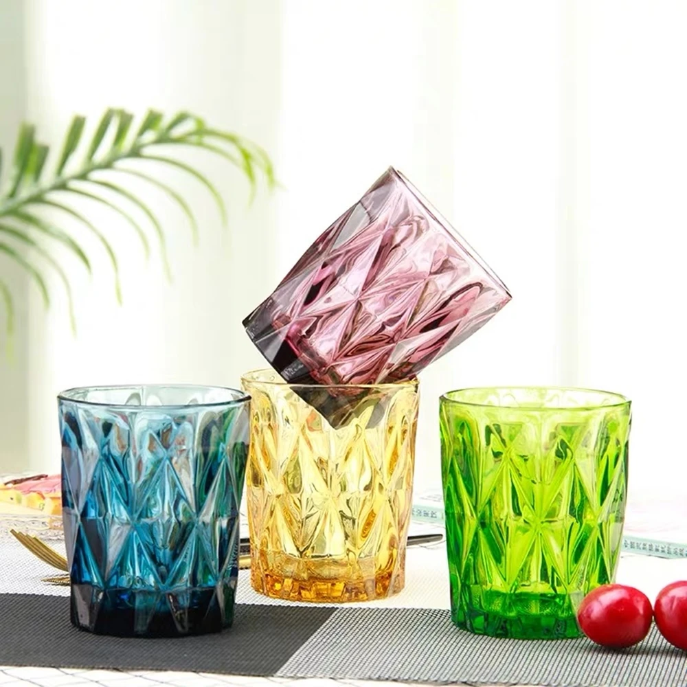 

4 Piece set Whisky Glass 250ML Relief Color Wine Glass Diamond Drinking Juice Cup Vodka liquor Wedding Party Bar Wine Glasses