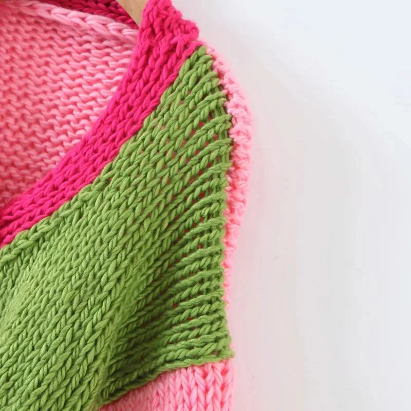 

Patchwork Women Knitted Sweater Long Sleeve V-Neck Cardigan Hand Made Autumn Winter Coats Vintage Clothing Jumper Hiver Femme