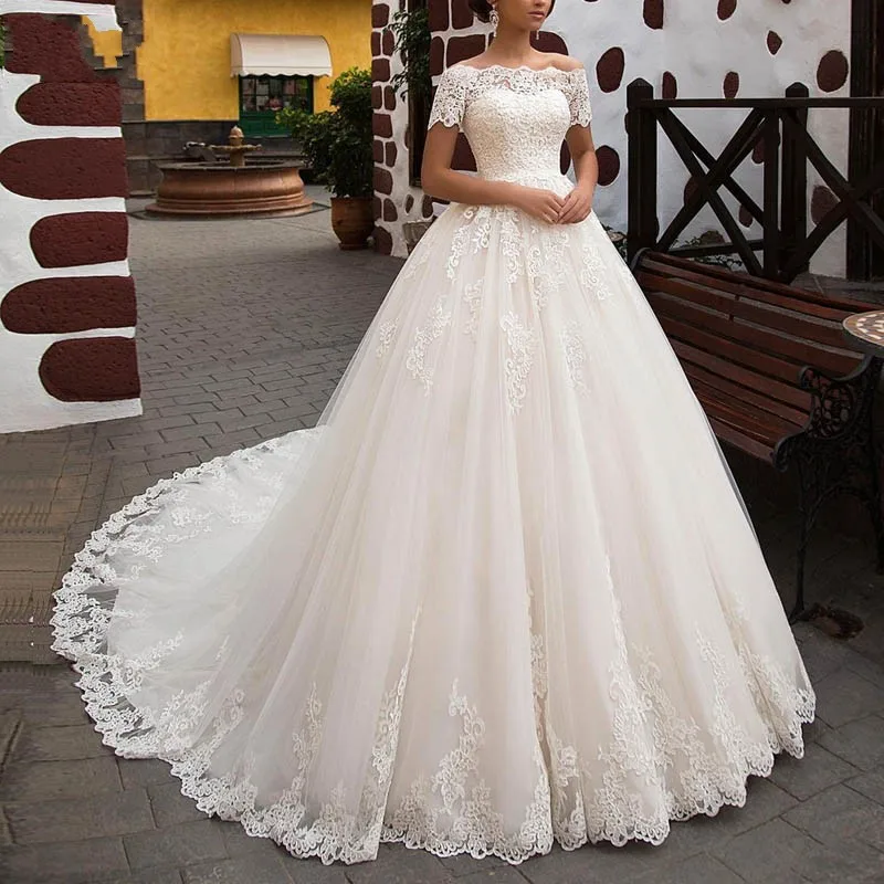 

Cheap Vestido de noiva Vintage Short Sleeves Lace A Line Wedding Dress 2020 Custom Made Off The Shoulder Vestidos de novia