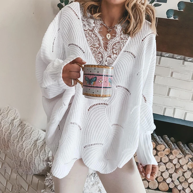 

2021 New Spring Clothes Female Luxury Knit Pullover Tops Sexy White Long Batwing Sleeve Hollow Out Lace Trim Zevity Sweater