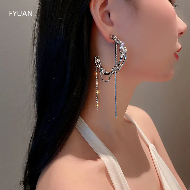 

FYUAN Long tassel Rhinestone Hoop Earrings for Women Bijoux Silver Color Geometric Circle Earrings Party Statement Jewelry