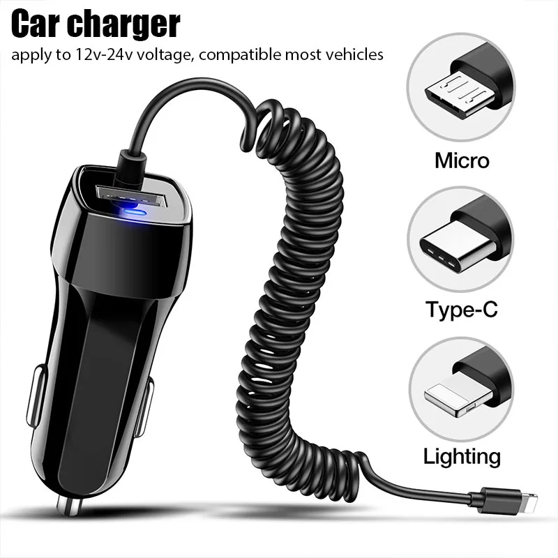 

Car Charger With USB Cable For iphone 11 7 Samsung Xiaomi Huawei Micro USB Type C Fast Phone Charge Charger