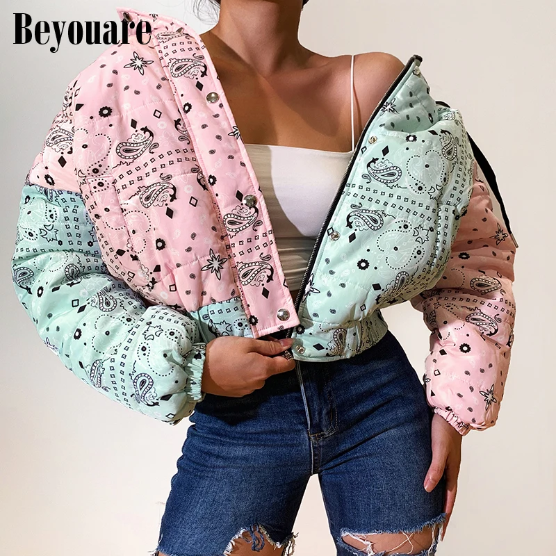 

Beyouare Winter Hooded Jacket Cashew Print Bubble Coat Patchwork Long Sleeve Crop Tops Drawstring Outerwear Zipper Casual Parkas