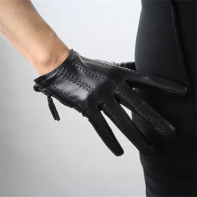 Touchscreen Gloves Real Leather Pure Imported Goatskin Tassel Zipper Short Style Black European Version Female Touch WZP17