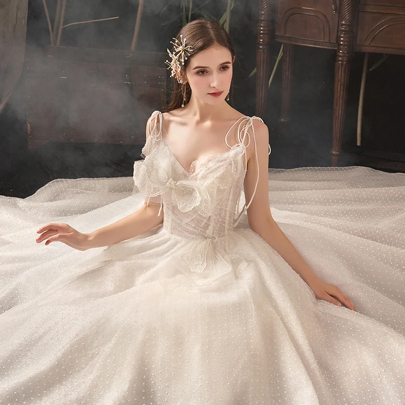 SSYFashion New Romantic Bride Wedding Dress White V-neck Spaghetti Straps Lace Beading Long Gowns Vestidos De Novia | Свадьбы и