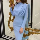 Элегантное женское платье с воротником-стойкой, облегающее однотонное синее платье до щиколотки, Осеннее повседневное праздничное платье с длинным рукавом, мода 2020
