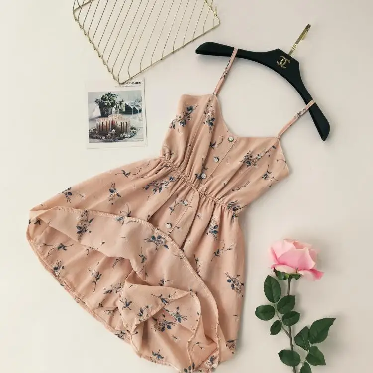 

Women's Printed V-neck High-Waist Suspender A- line Dress Sweet Ruffles Spaghetti Strap Above Knee, Mini