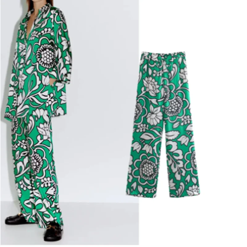 

Za Women 2021 Wide Leg Pants High Waist Green Floral Women Pants Vintage Summer Oversize Pants for Women Trousers Suits