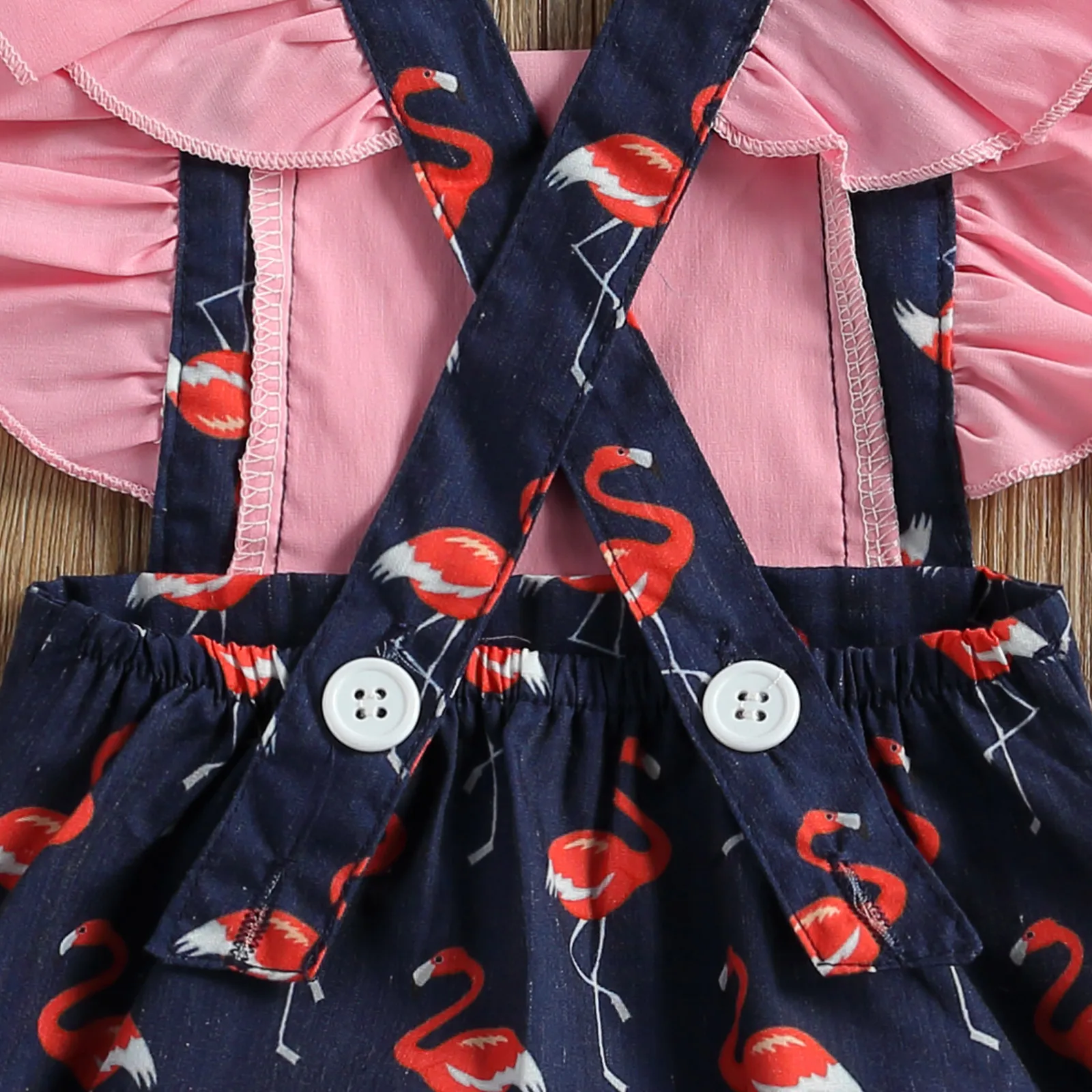 

Baby Girls Cotton Ruffle Fly Sleeve Jumpsuits Sweet Flamingo Stitching Cross Straps Bodysuit and Bow Headband