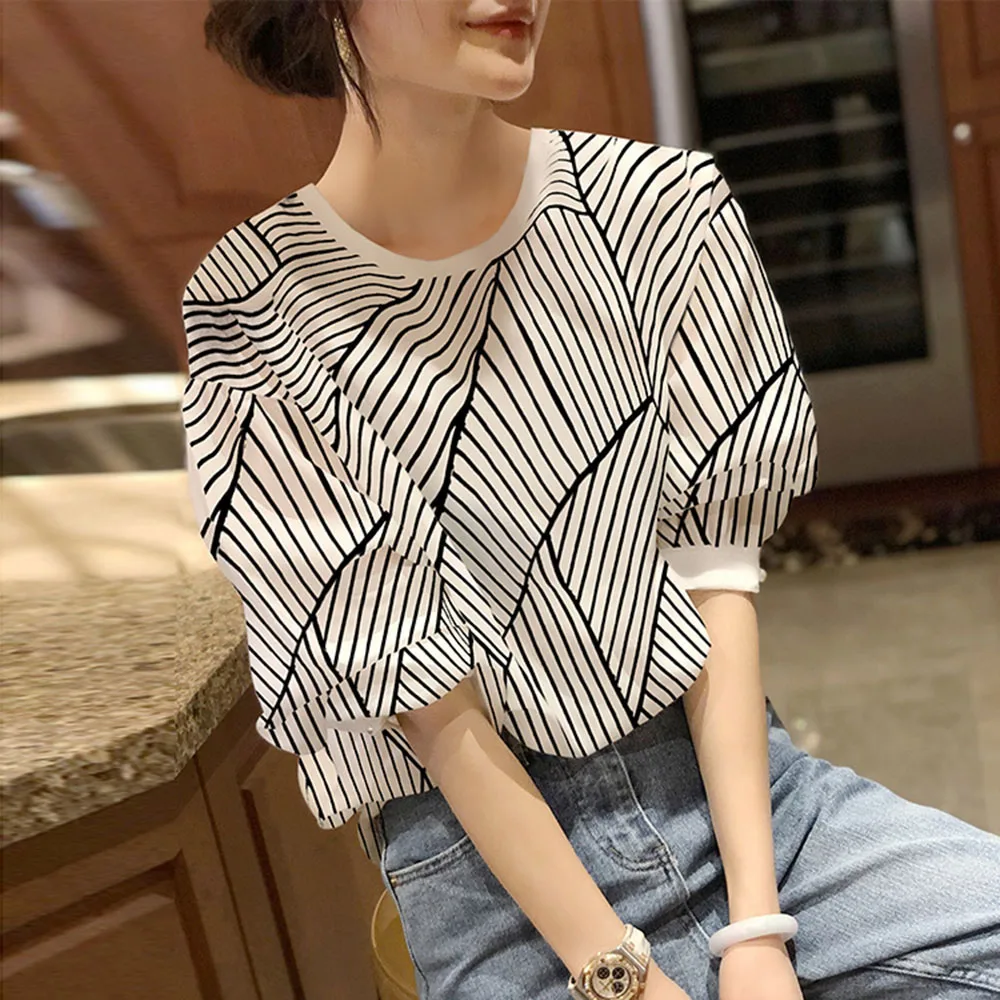 Блузка женская в красную полоску тонкая рубашка с коротким рукавом и буффами на