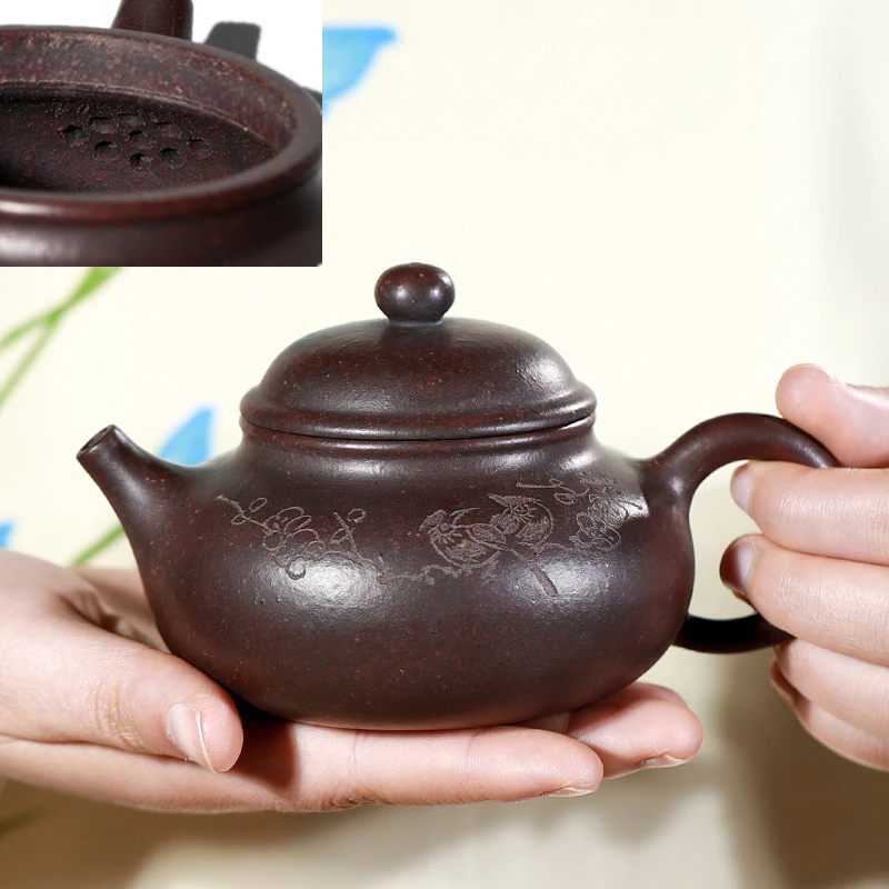 marked real yixing zisha tea pot handmade carved Chinese character original ore purple grit kungfu pot 240ml 9 infuser holes new
