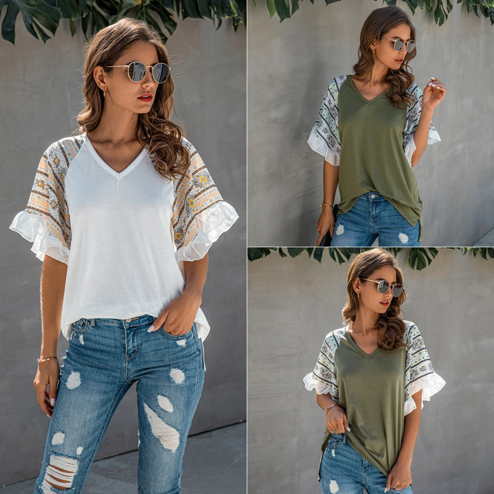 

Hot New 2021 Summer Chiffon Blouse Women White Ruffle Sleeve T-Shirts Casual Print Patchwork Ladies Green Tops Female Clothing