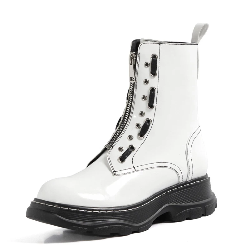 

FOREADA Platform Woman Boots Real Leather High Heel Ankle Boots Zip Short Boots Thick Heel Female Shoes Autumn Winter White 40