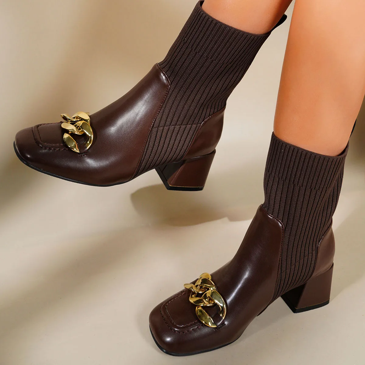 

2021 Autumn New Fashtion Platform Square Head Pu Leather Women's Casual Boots Square Heel Ladies Martin Stretch Stocking Boots