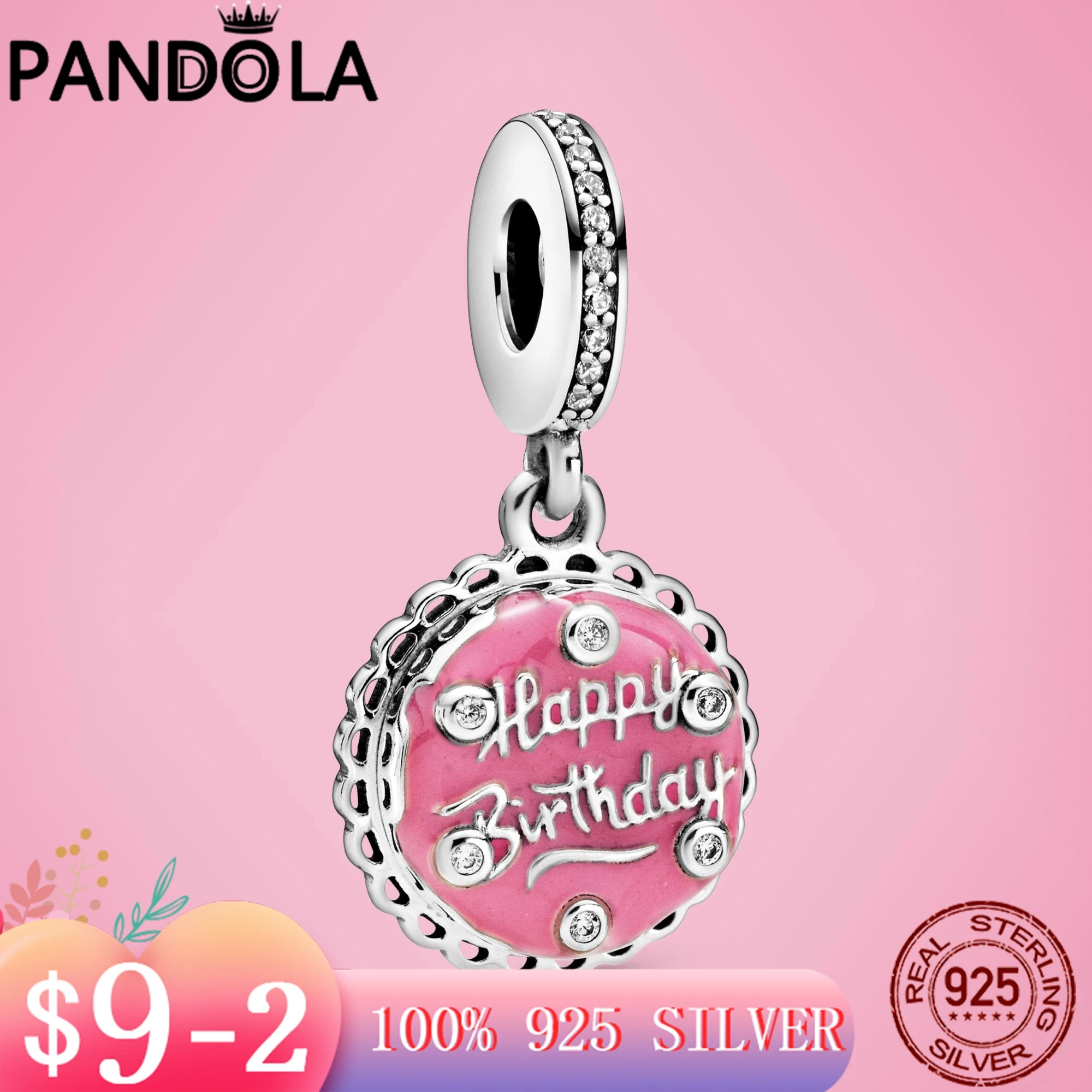 Женский серебряный розовый браслет с бусинами в виде торта на день рождения |