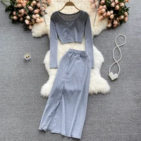 2021 new sexy two piece set o neck long sleeve button crop top split long skirt set party clothing sets women two piece outfits