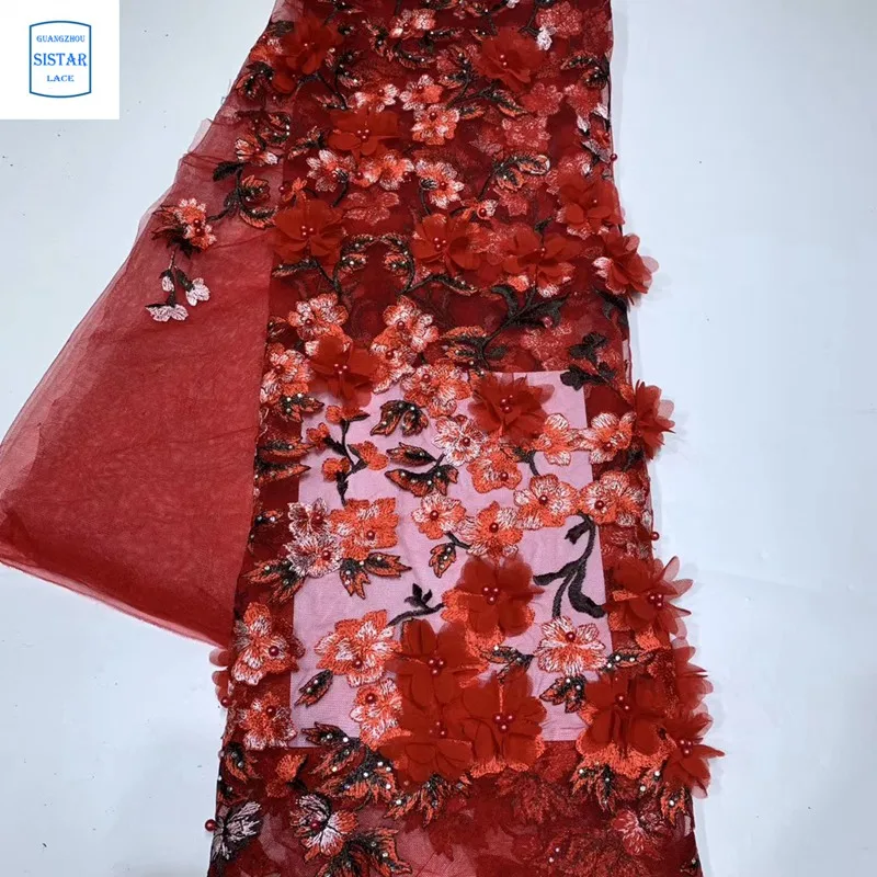 3D Тюль кружевная ткань с бусинами 5 ярдов модная красная африканская 2020 Высокое