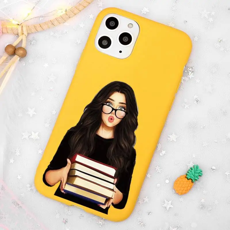 

Anime girl with long hair Phone Case Candy Color Yellow for iPhone 11 12 pro XS MAX 8 7 6 6S Plus X 5S SE 2020 XR
