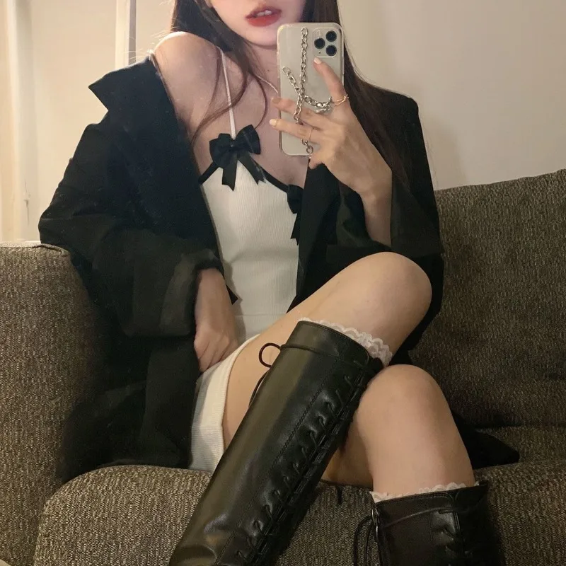 

Women Sleeveless Dress Casual Sheath Solid Bow Mini Length Sexy Korean Style Spaghetti Strap V-neck Elegant Fashion Chic Ulzzang