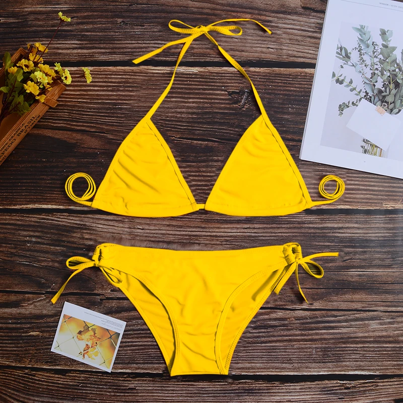 Push Up Micro Bikini Set Women 2020 Sexy Backless Swimwear Halter Low Waist Brazilian Shorts Solid Swim Suit For Female Hot Sale | Женская