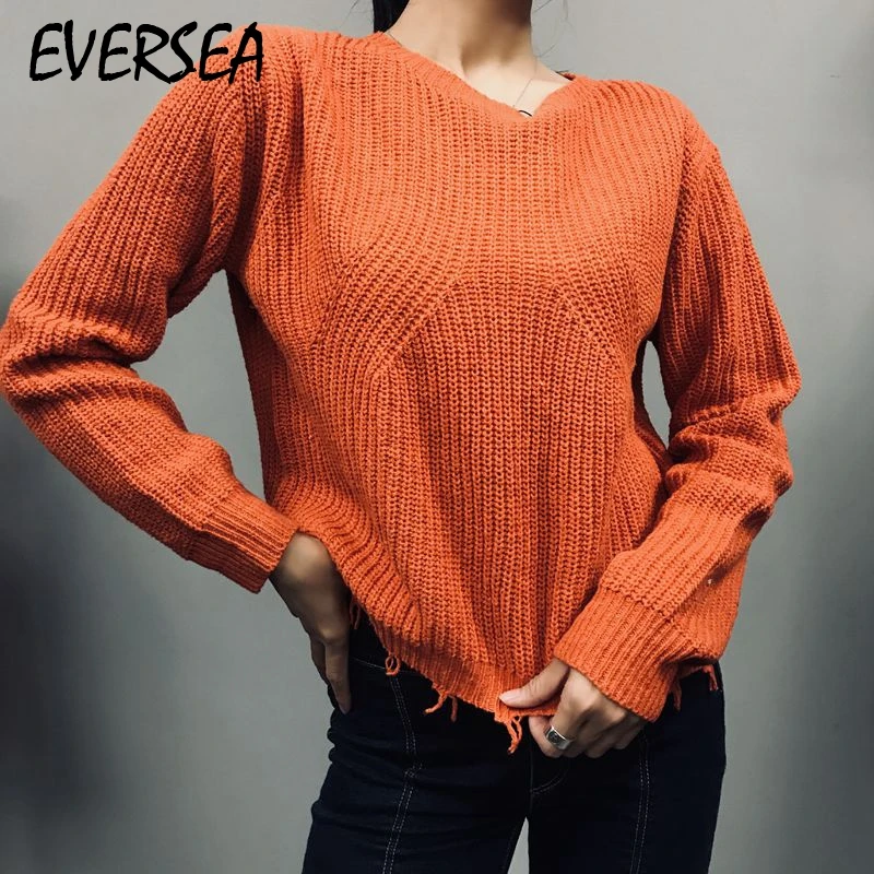 

Осенне-зимний минималистичный Свободный пуловер Eversea с V-образным вырезом